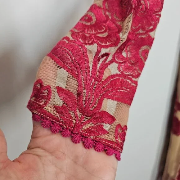 Chicwish Size XS V-neck floral embroidered mesh maxi dress wine red - Picture 5 of 15